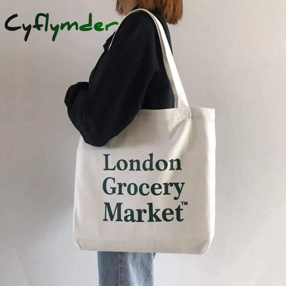 Cyflymder Canvas Zipper Shopping Bag Large Capacity Conventional Tote Fashion Letter Printing