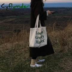 Cyflymder Canvas Zipper Shopping Bag Large Capacity Conventional Tote Fashion Letter Printing