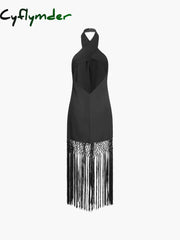 Cyflymder - Capri Fringed Open Back Halter Midi Dress Dresses