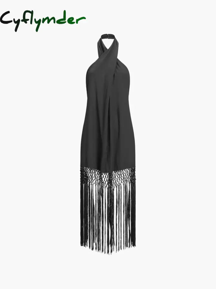 Cyflymder - Capri Fringed Open Back Halter Midi Dress Dresses