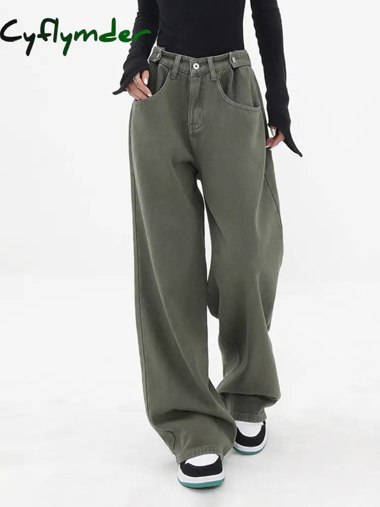 Cyflymder- Cargo Denim Wide Leg Boyfriend Jeans Armygreen / Xs