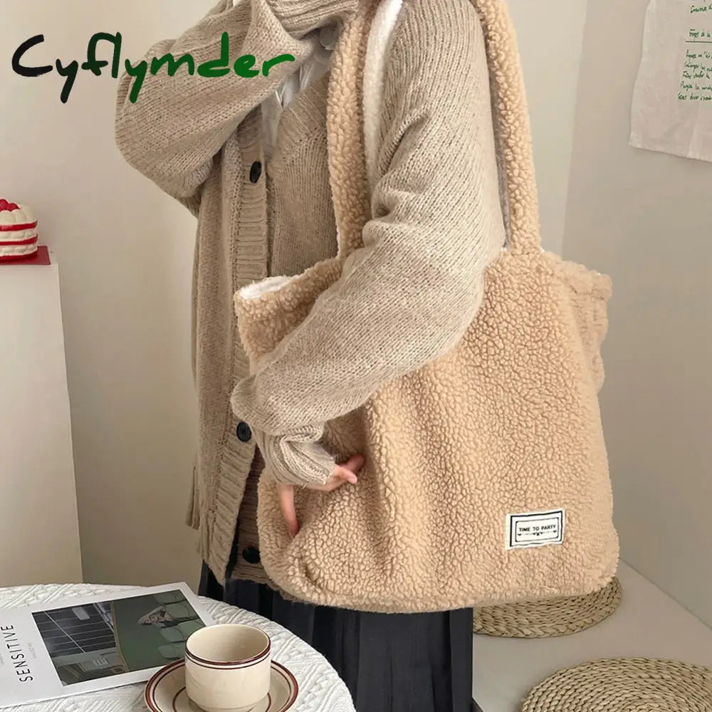 Cyflymder Cashmere Fleece Handbag Women’s Plush Shoulder Bags Two Side Available Designer Tote