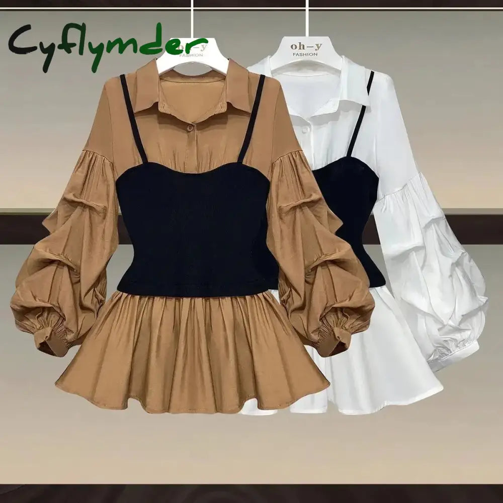 Cyflymder Casual And Elegant Waist Slimming Lantern Sleeve Splicing Fake Two-Piece Shirt Top Lapel