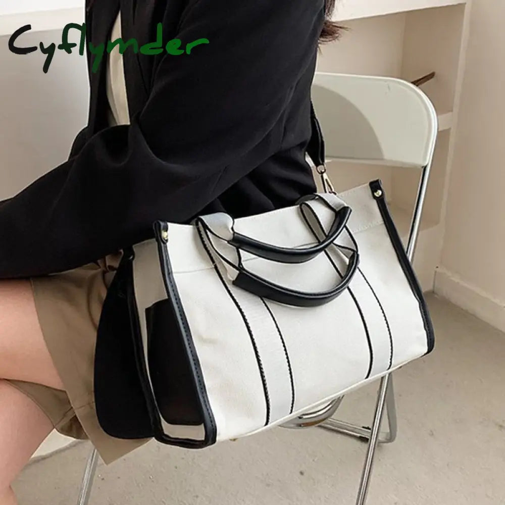 Cyflymder Casual Canvas Big Capacity Tote Bags For Women Contrast Color Shopper Handbag Fashion