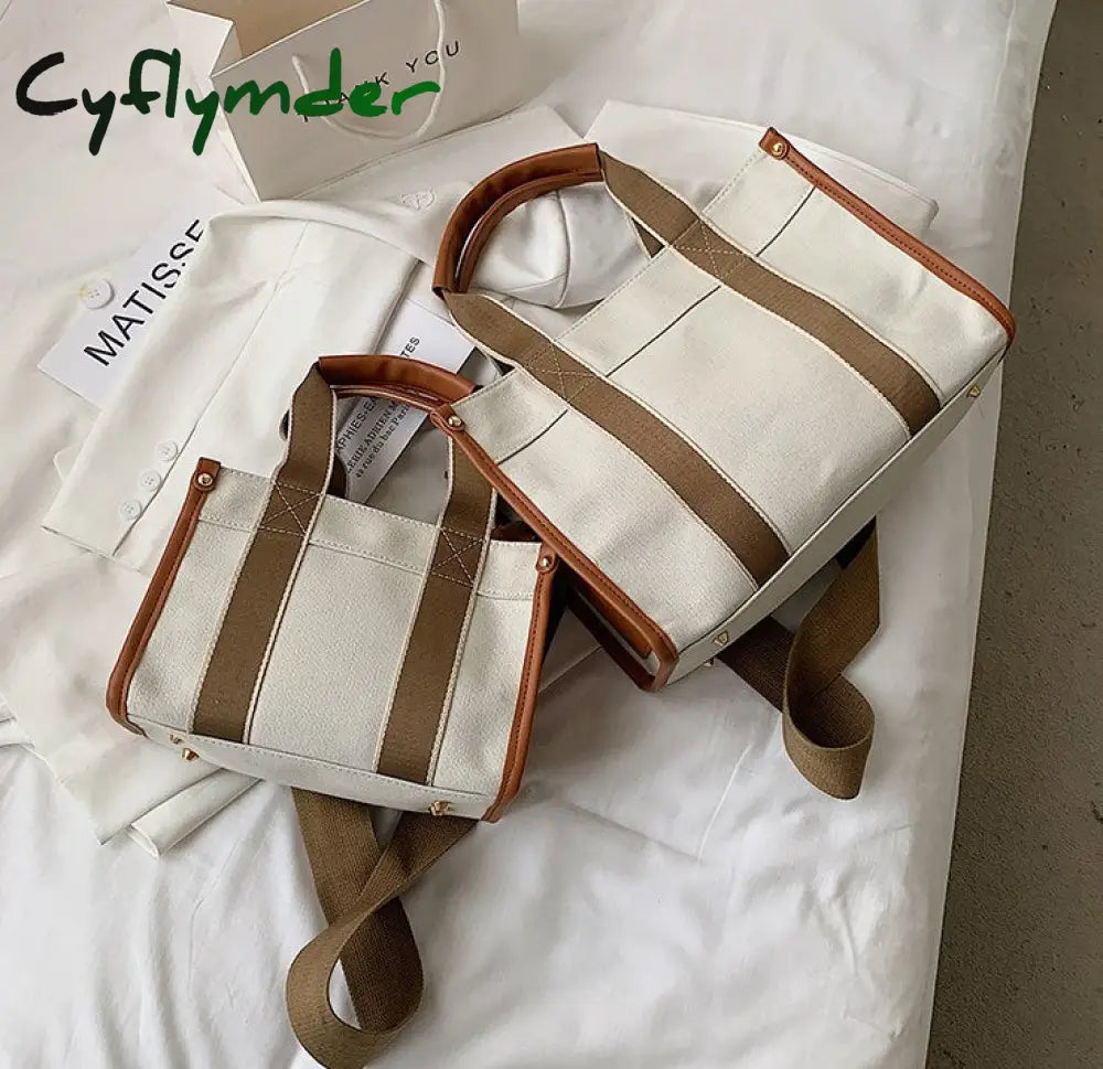 Cyflymder Casual Canvas Big Capacity Tote Bags For Women Contrast Color Shopper Handbag Fashion