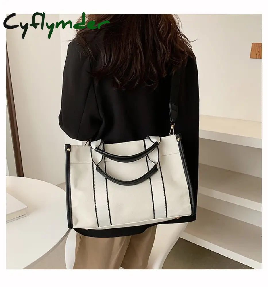 Cyflymder Casual Canvas Big Capacity Tote Bags For Women Contrast Color Shopper Handbag Fashion