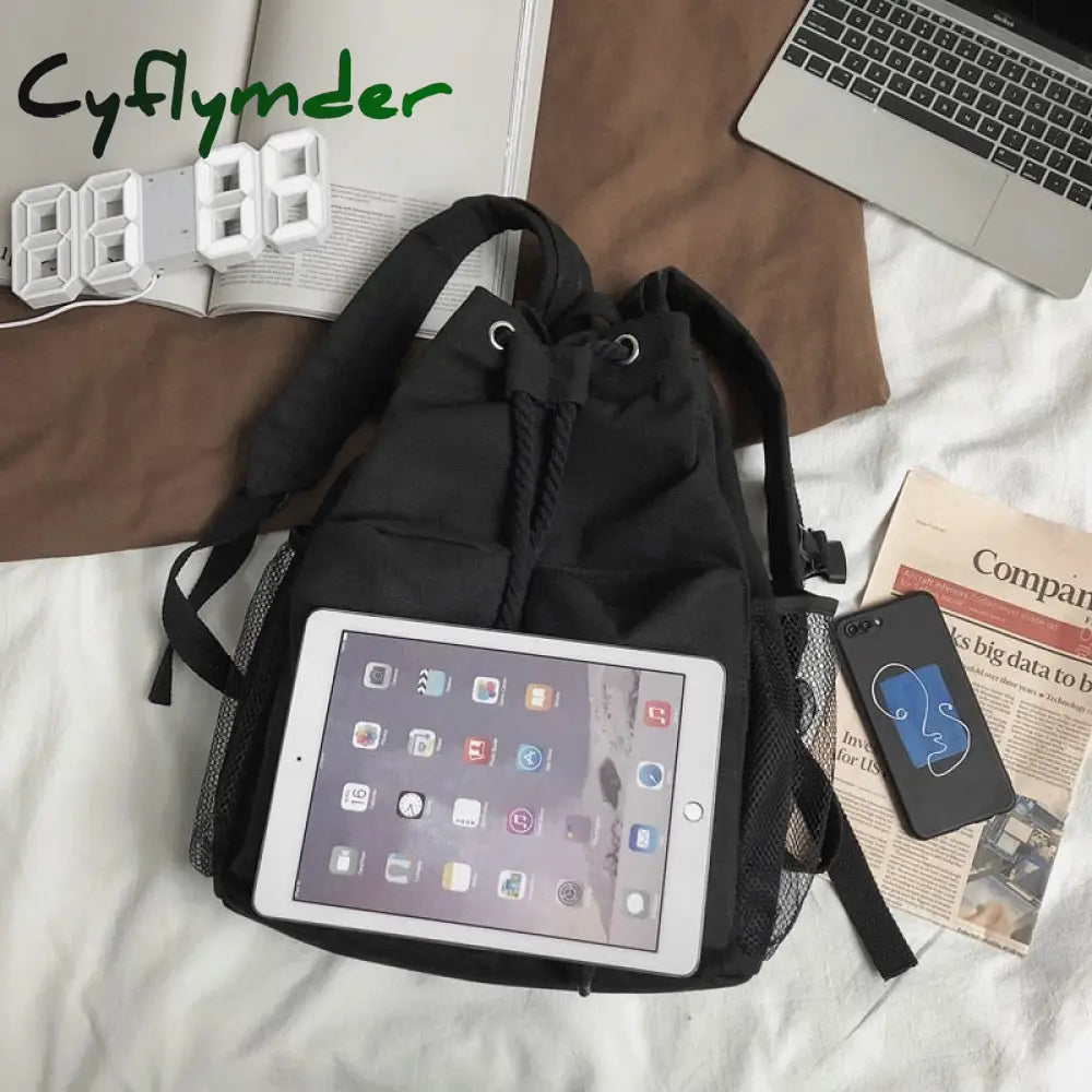 Cyflymder Casual Canvas Women Backpack Schoolbag Harajuku Drawstring Female Backpacks Large