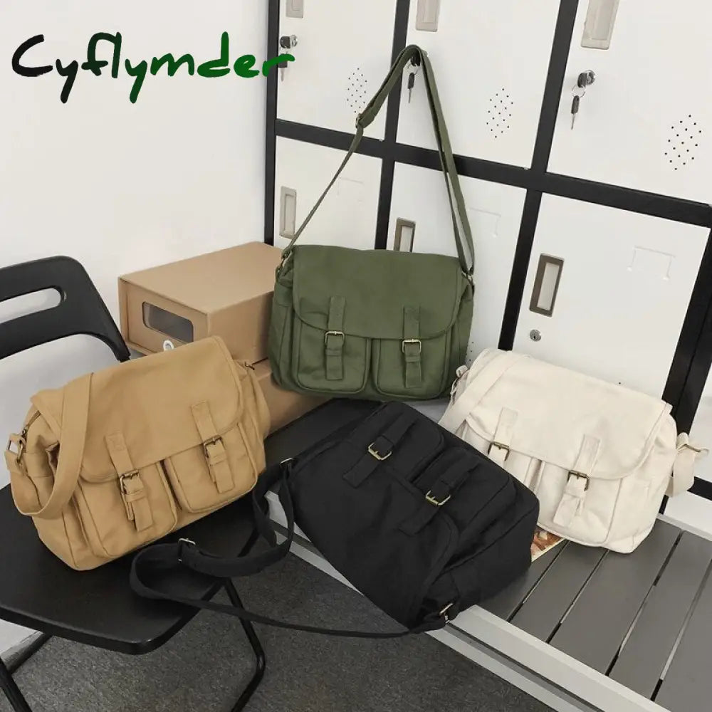 Cyflymder Casual Canvas Women Shoulder Bags Female School Messenger Multi Pocket Flap Buckle Unisex