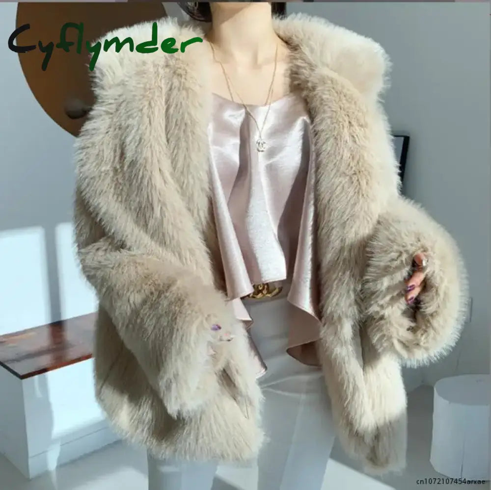 Cyflymder casual dinner outfits winter Winter Women Faux Fur Jacket Faux-Fox Fur Coats Suit Collar Warm Loose Pink