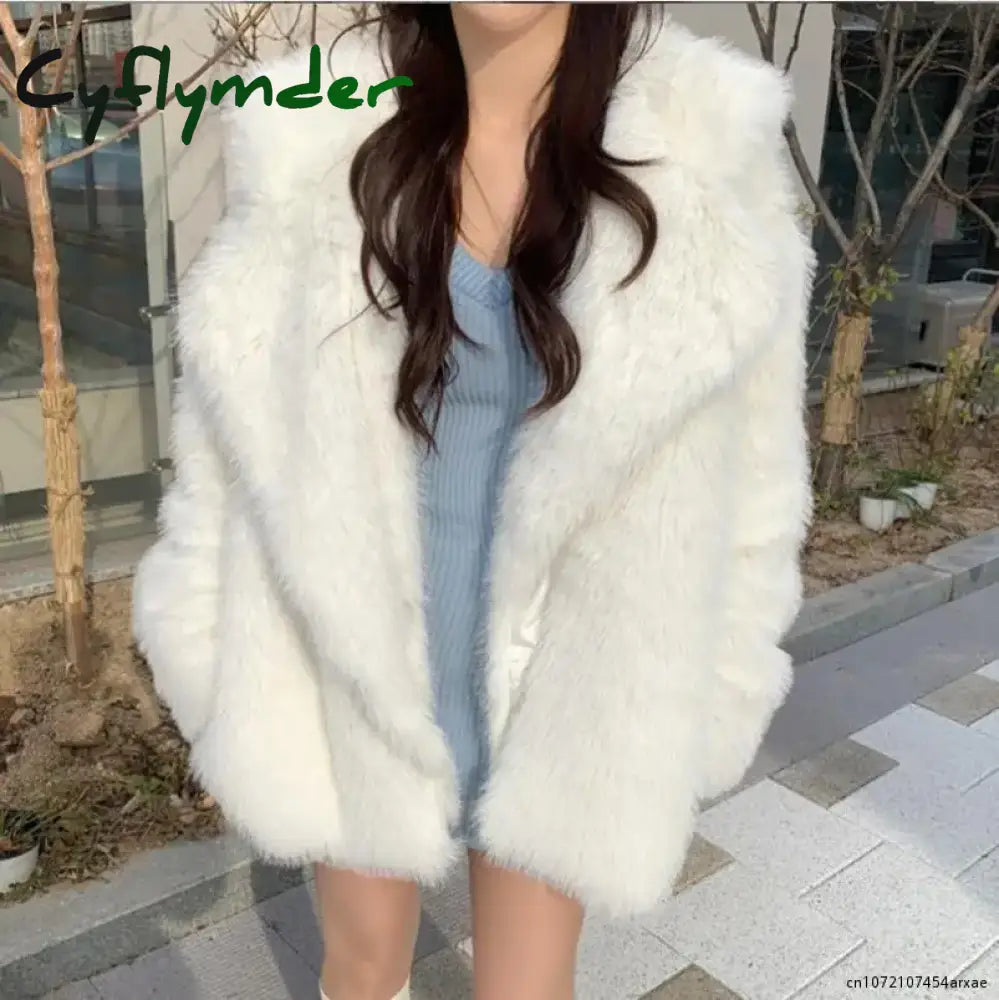 Cyflymder casual dinner outfits winter Winter Women Faux Fur Jacket Faux-Fox Fur Coats Suit Collar Warm Loose Pink