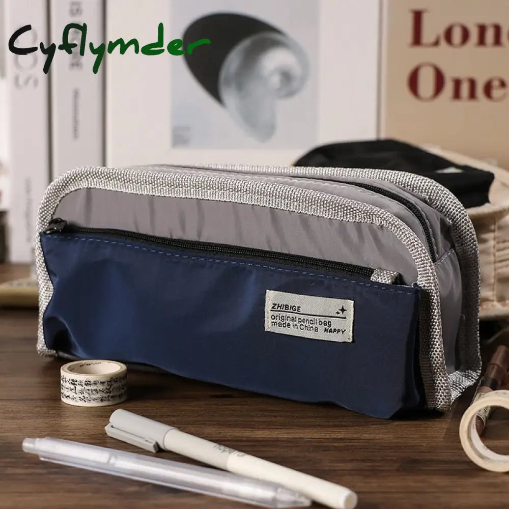 Cyflymder Casual Fashion Triple-Layer Canvas Pencil Bag Large Capacity Case Pen Holder Student