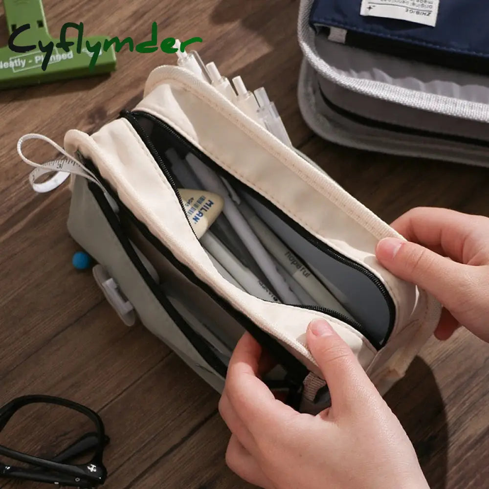 Cyflymder Casual Fashion Triple-Layer Canvas Pencil Bag Large Capacity Case Pen Holder Student