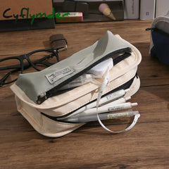 Cyflymder Casual Fashion Triple-Layer Canvas Pencil Bag Large Capacity Case Pen Holder Student