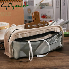 Cyflymder Casual Fashion Triple-Layer Canvas Pencil Bag Large Capacity Case Pen Holder Student