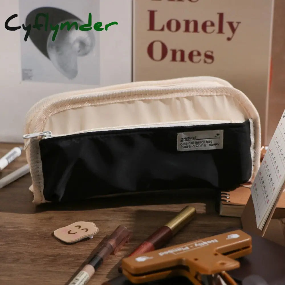 Cyflymder Casual Fashion Triple-Layer Canvas Pencil Bag Large Capacity Case Pen Holder Student