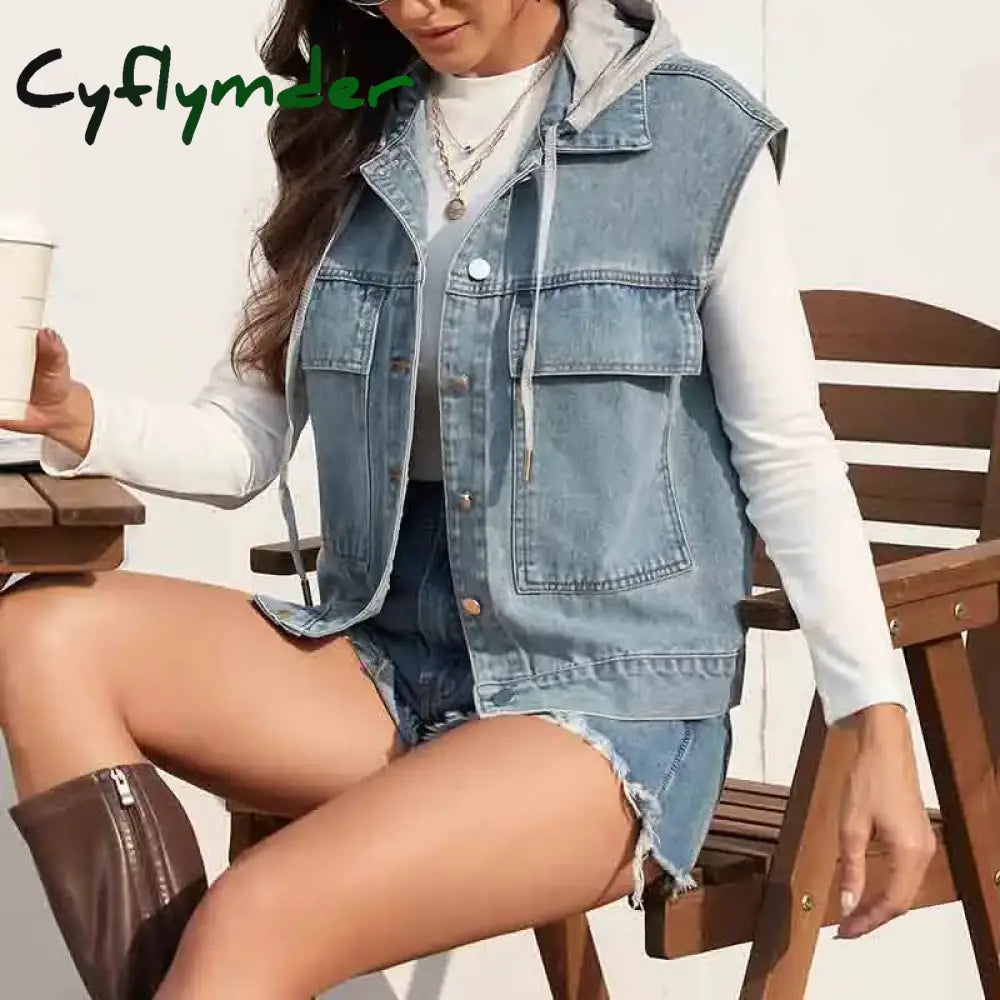 Cyflymder Casual Female Tops Women Denim Vest Jacket Summer 2024 New Autumn Clothes Sleeveless