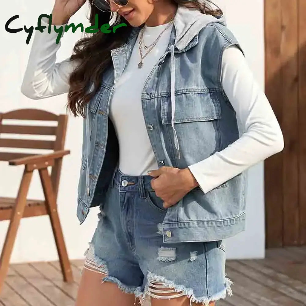Cyflymder Casual Female Tops Women Denim Vest Jacket Summer 2024 New Autumn Clothes Sleeveless