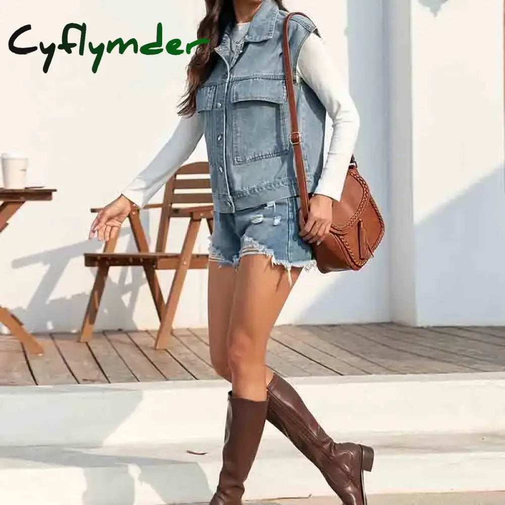 Cyflymder Casual Female Tops Women Denim Vest Jacket Summer 2024 New Autumn Clothes Sleeveless