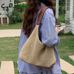 Cyflymder Casual Hollow Large Capacity Women’s Shoulder Bag Simple Travel Beach Ladies Underarm