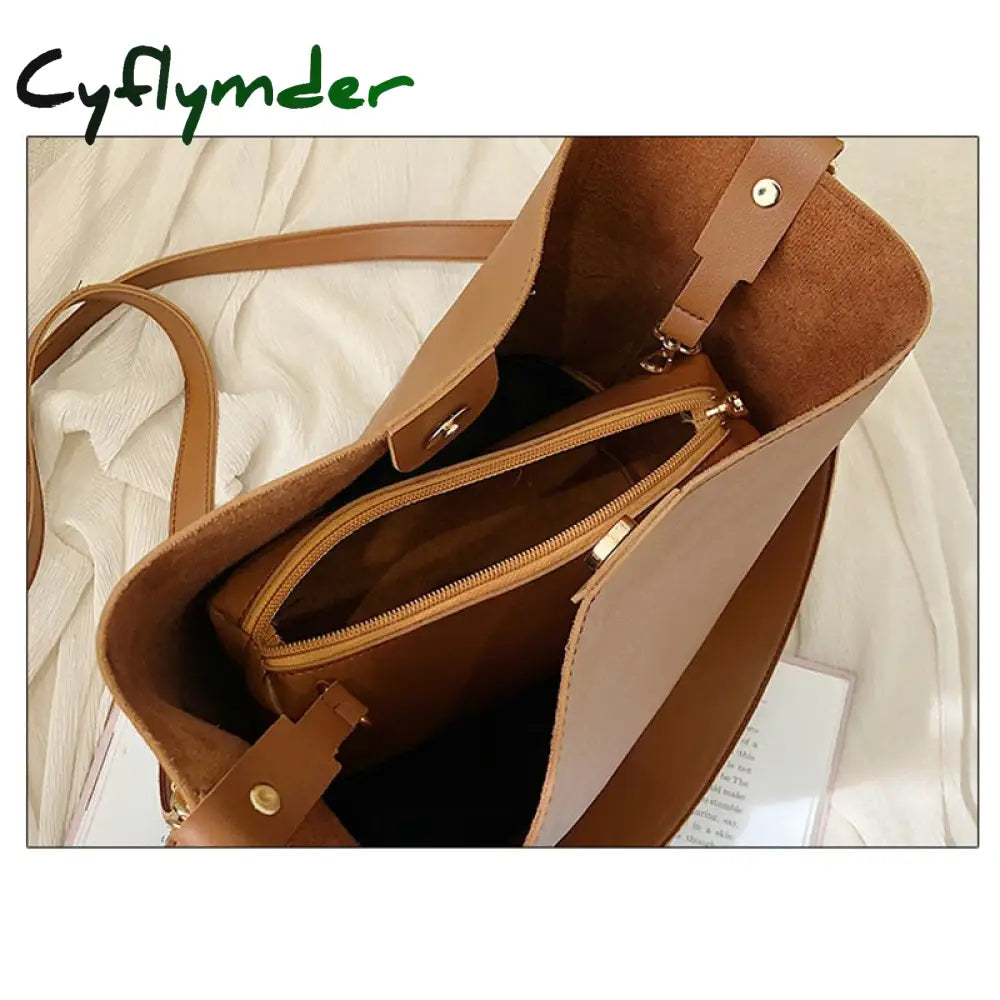 Cyflymder Casual Wide Strap Bucket Bag Designer Women Shoulder Bags Luxury Pu Crossbody Large