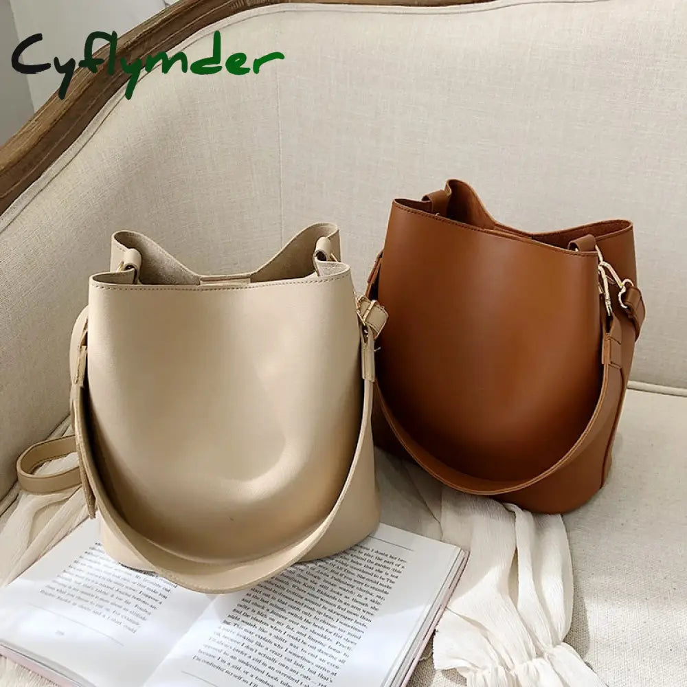 Cyflymder Casual Wide Strap Bucket Bag Designer Women Shoulder Bags Luxury Pu Crossbody Large