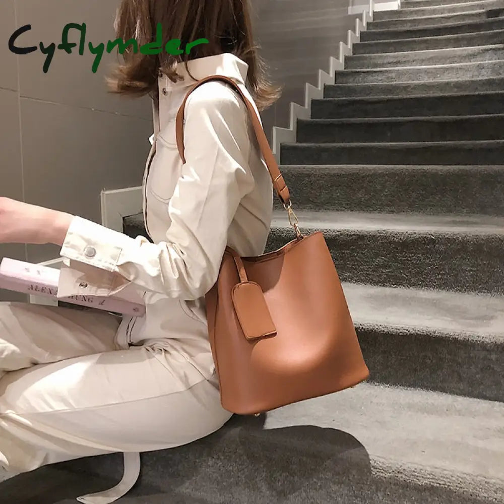 Cyflymder Casual Wide Strap Bucket Bag Designer Women Shoulder Bags Luxury Pu Crossbody Large