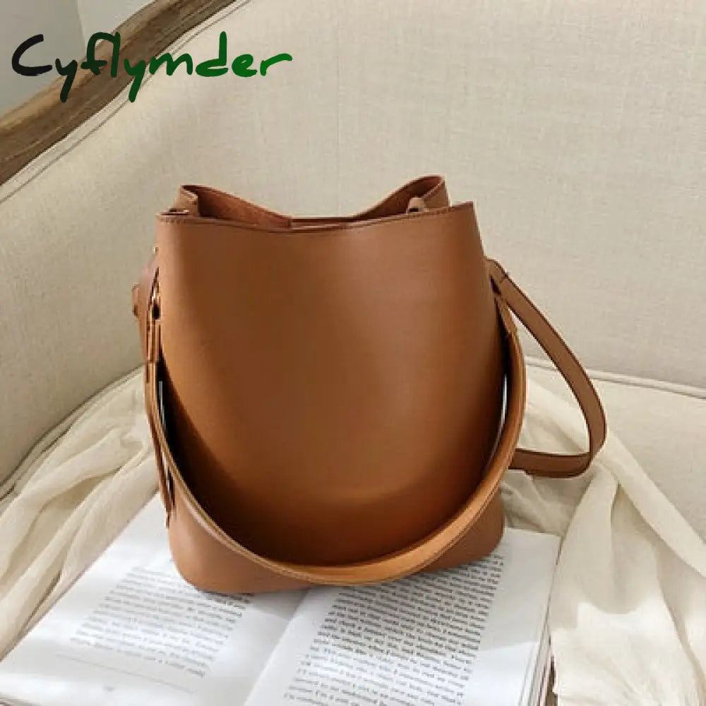 Cyflymder Casual Wide Strap Bucket Bag Designer Women Shoulder Bags Luxury Pu Crossbody Large