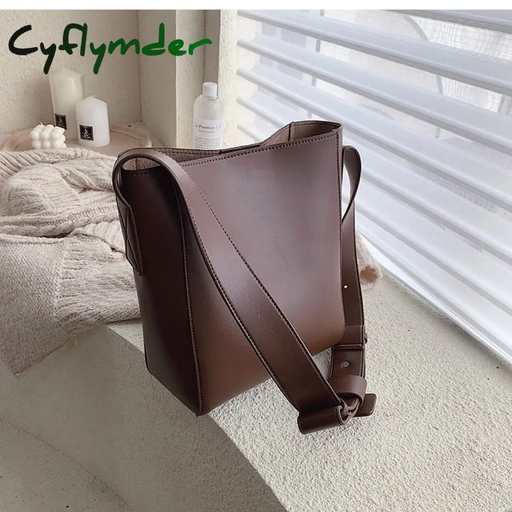 Cyflymder Casual Wide Strap Bucket Bag Designer Women Shoulder Bags Luxury Pu Crossbody Large