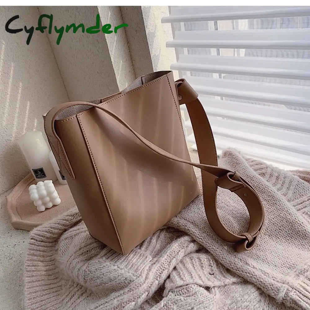 Cyflymder Casual Wide Strap Bucket Bag Designer Women Shoulder Bags Luxury Pu Crossbody Large