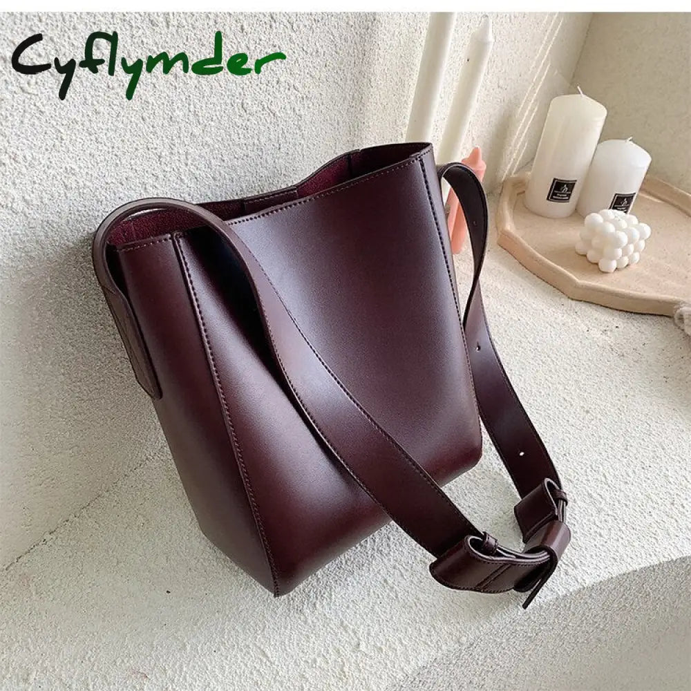 Cyflymder Casual Wide Strap Bucket Bag Designer Women Shoulder Bags Luxury Pu Crossbody Large