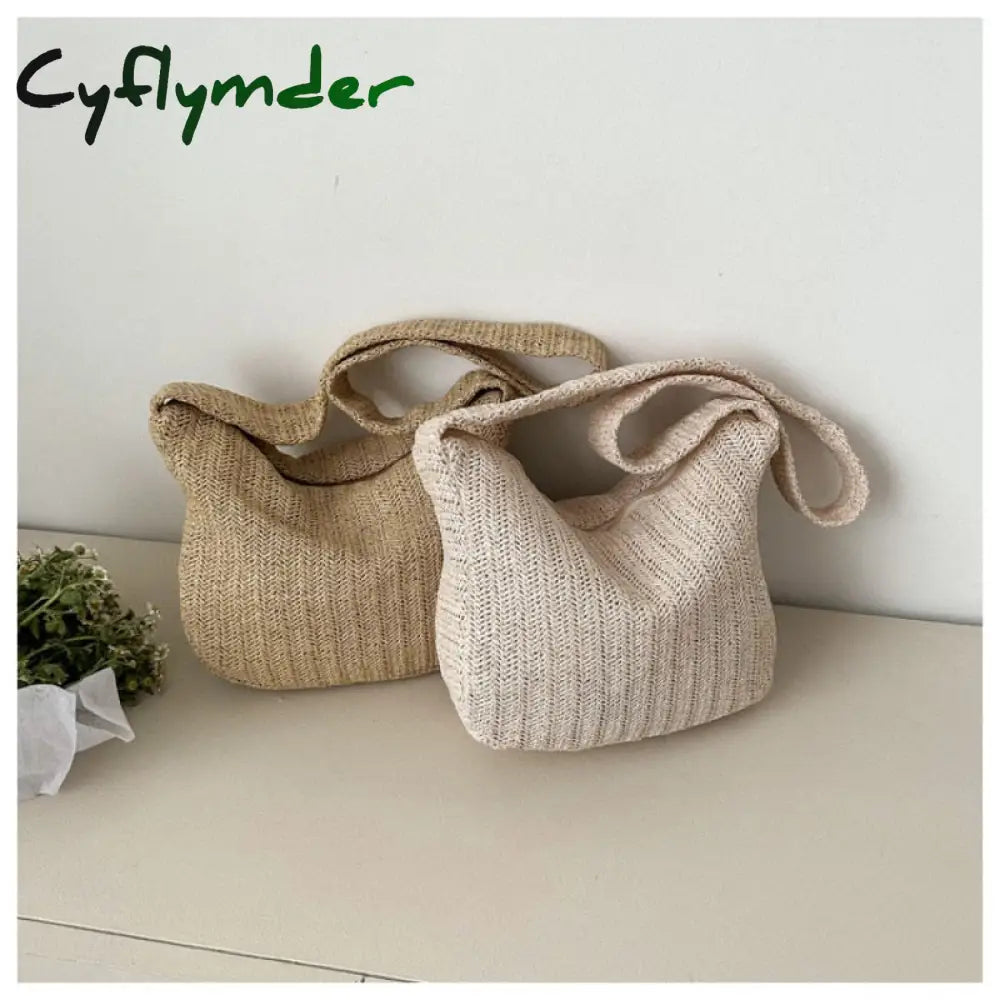 Cyflymder Casual Women’s Bag Fashion Zipper Handbags Straw Solid Crossbody Large Capacity Tote