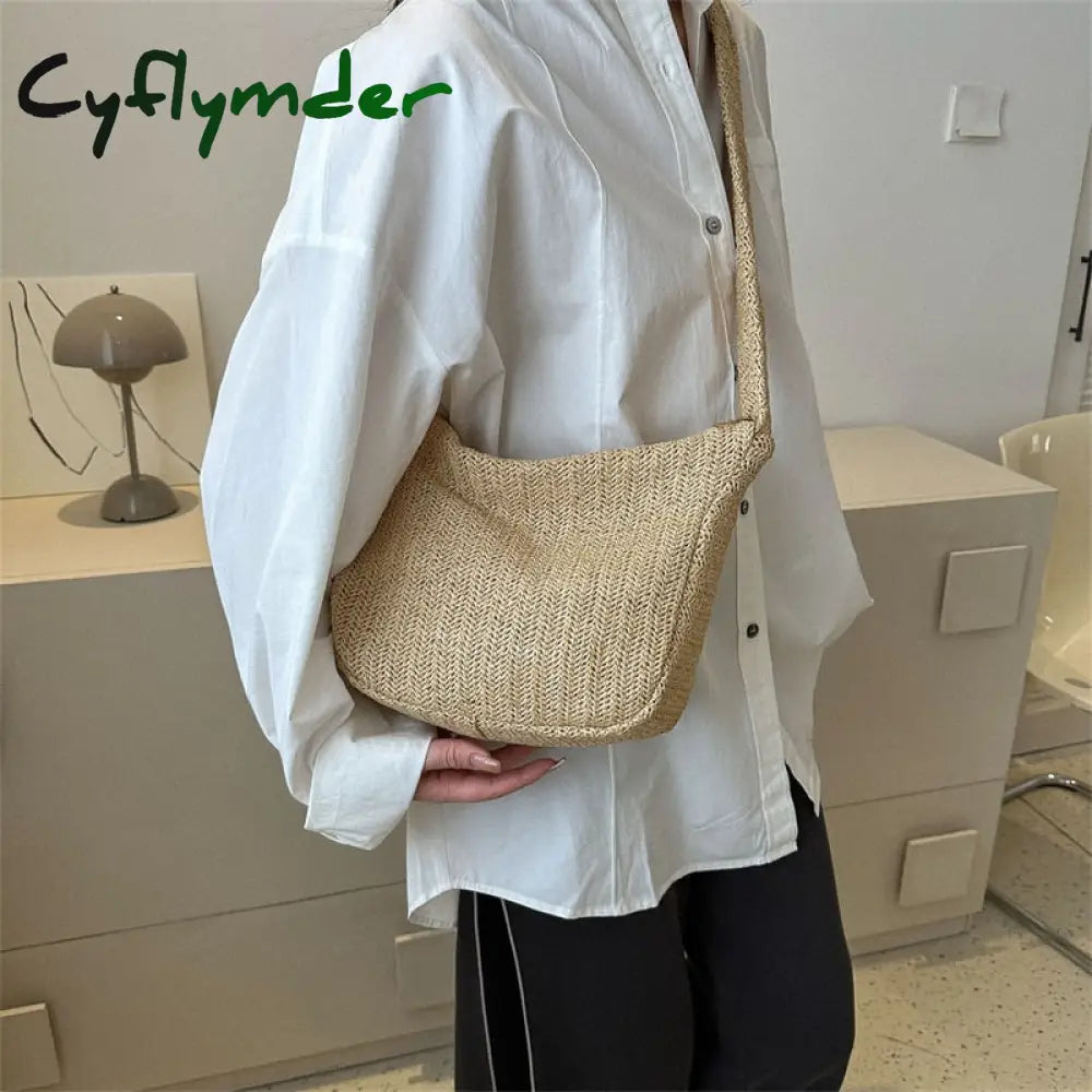 Cyflymder Casual Women’s Bag Fashion Zipper Handbags Straw Solid Crossbody Large Capacity Tote