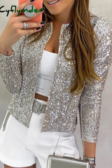 Cyflymder - Champagne Fashion Solid Sequins Patchwork O Neck Outerwear Jackets