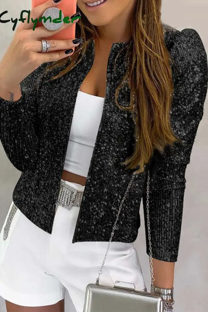 Cyflymder - Champagne Fashion Solid Sequins Patchwork O Neck Outerwear Jackets