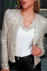 Cyflymder - Champagne Fashion Solid Sequins Patchwork O Neck Outerwear Jackets