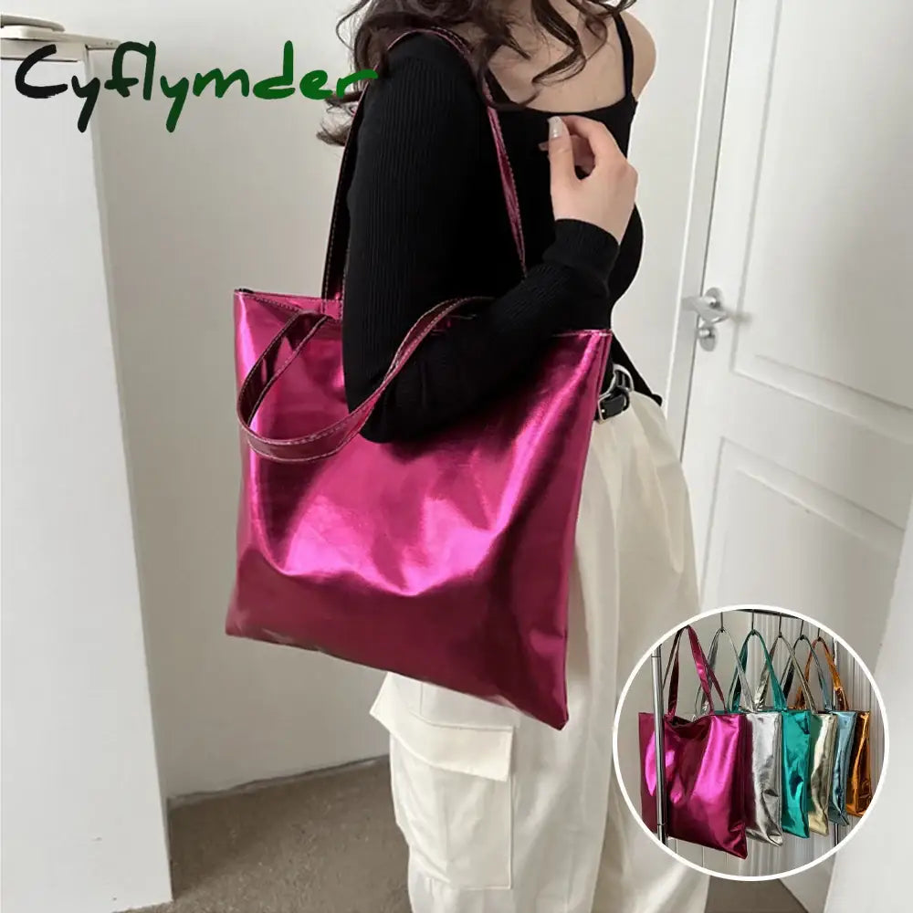 Cyflymder Chic Colorful Shiny Handbag Women Underarm Bag Simple Pu Leather Totes Bags Shopping