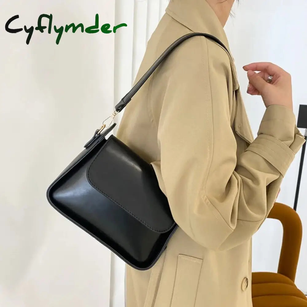 Cyflymder Chic Simple Small Flap Shoulder Bags For Women Solid Color Pu Leather Handbag Clutch Lady