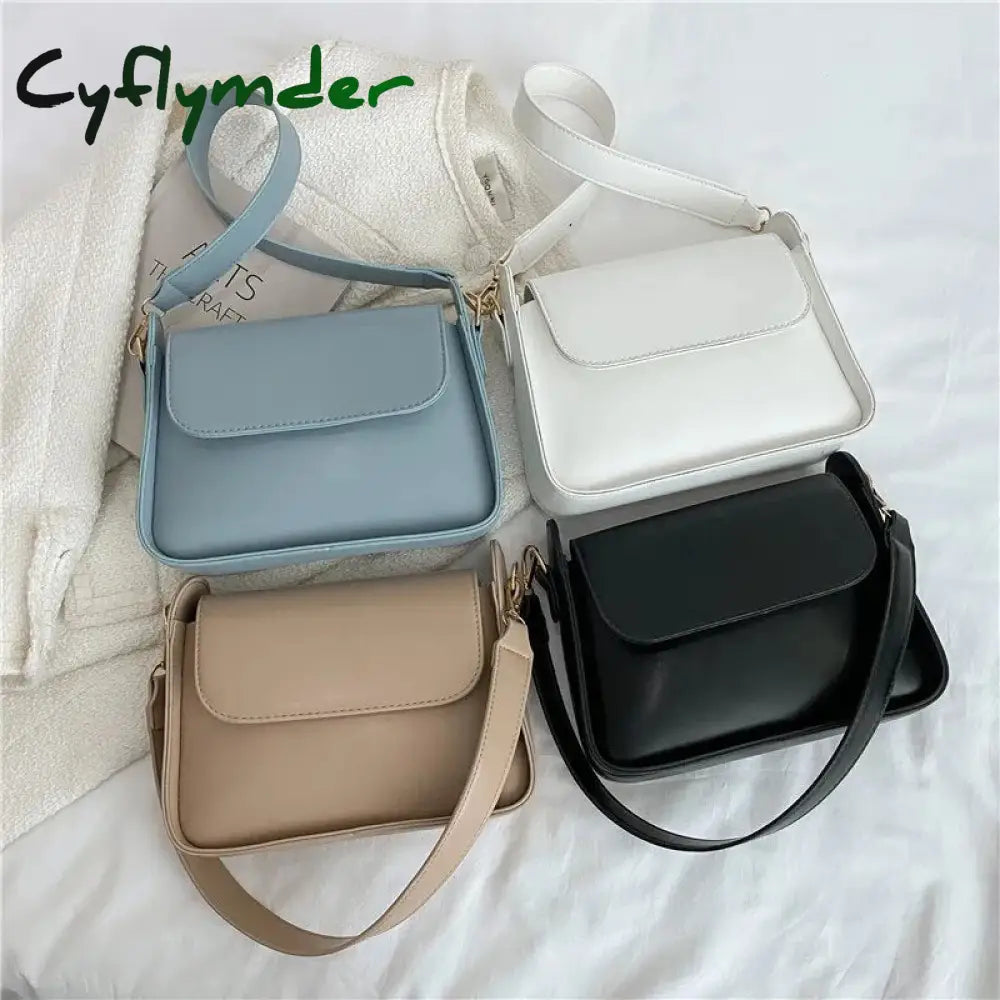 Cyflymder Chic Simple Small Flap Shoulder Bags For Women Solid Color Pu Leather Handbag Clutch Lady