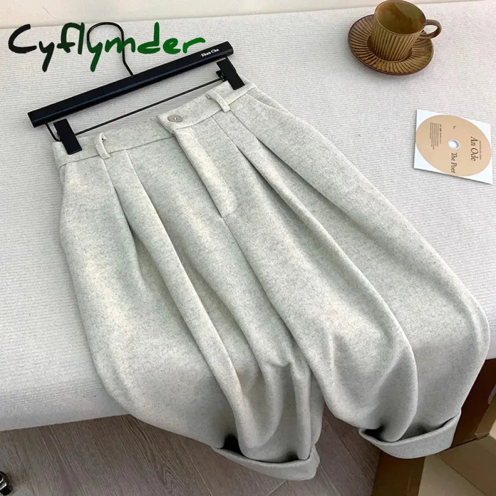 Chic Women Casual Loose Pockets Woolen Suit Pants Autumn Winter High Waist Thicken Korean Ladies Solid Harem Trousers WP49 Cyflymder
