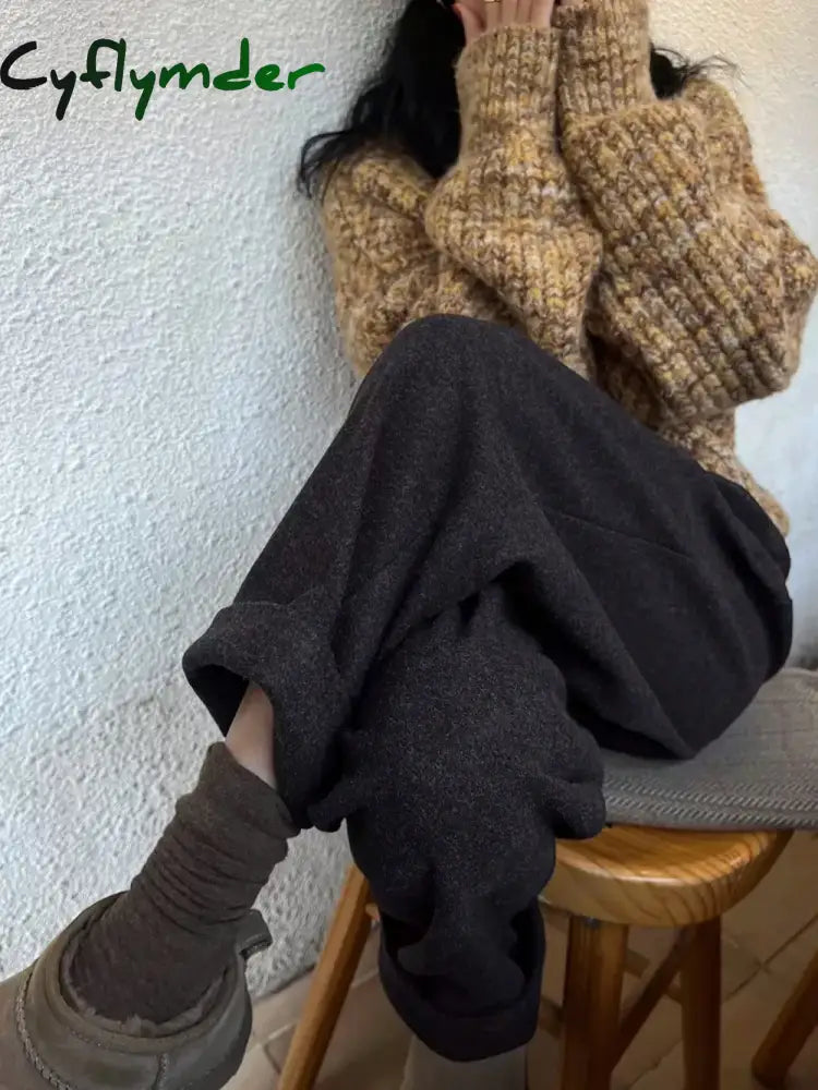 Chic Women Casual Loose Pockets Woolen Suit Pants Autumn Winter High Waist Thicken Korean Ladies Solid Harem Trousers WP49 Cyflymder