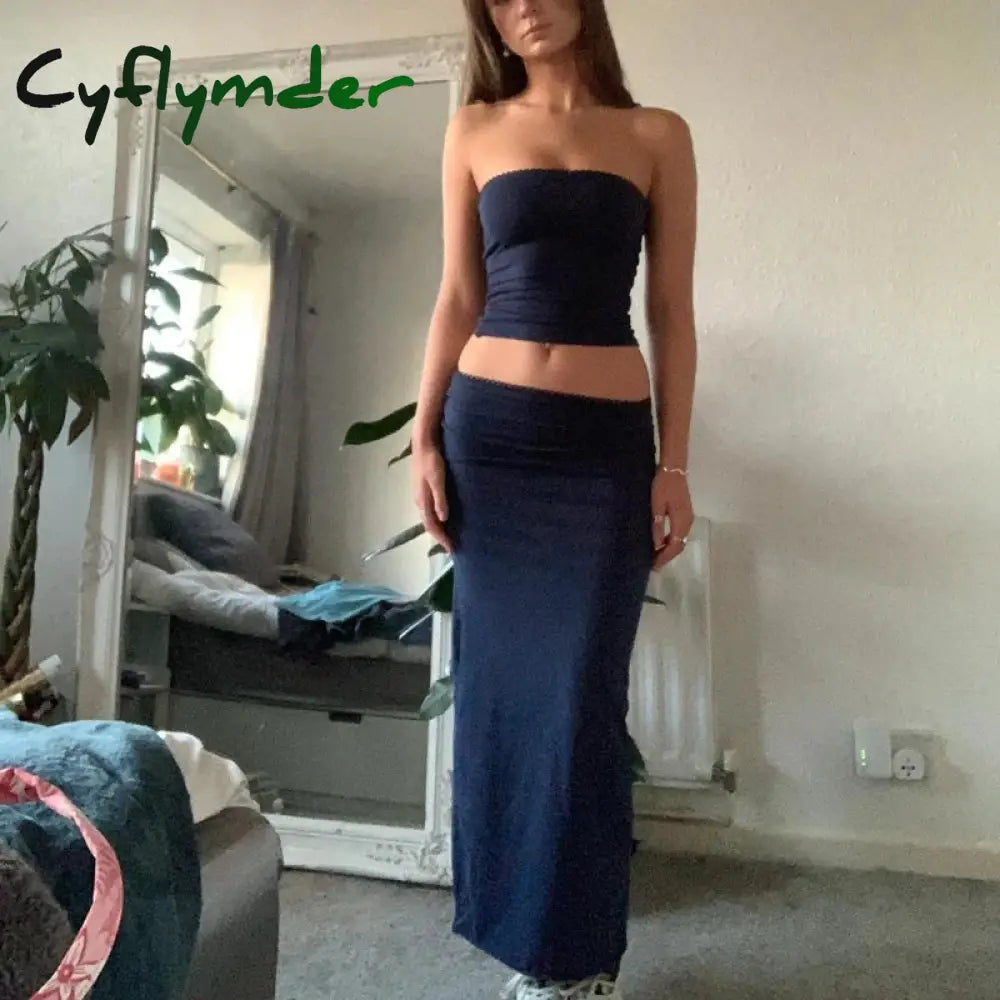 Cyflymder Chic Women Chest Wrap Tube Tops + Low Rise Long Skirt Summer Strapless Camis Crop Y2K