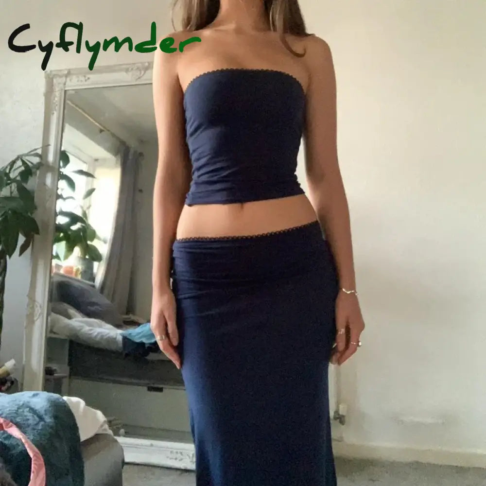 Cyflymder Chic Women Chest Wrap Tube Tops + Low Rise Long Skirt Summer Strapless Camis Crop Y2K