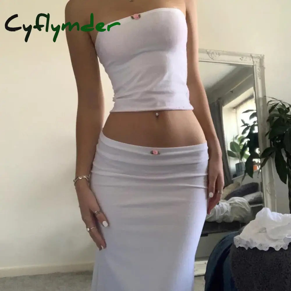 Chic Women Chest Wrap Tube Tops + Low Rise Long Skirt Summer Strapless Camis Crop Tops Y2K Fairycore Vintage 2 Piece Set Outfits