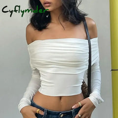 Cyflymder Chic Women Sexy Off Shoulder T-Shirt Spring Long Sleeve Slim Fit Crop Top Y2K Vintage