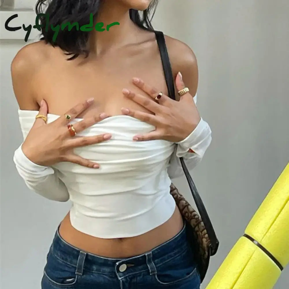 Cyflymder Chic Women Sexy Off Shoulder T-Shirt Spring Long Sleeve Slim Fit Crop Top Y2K Vintage