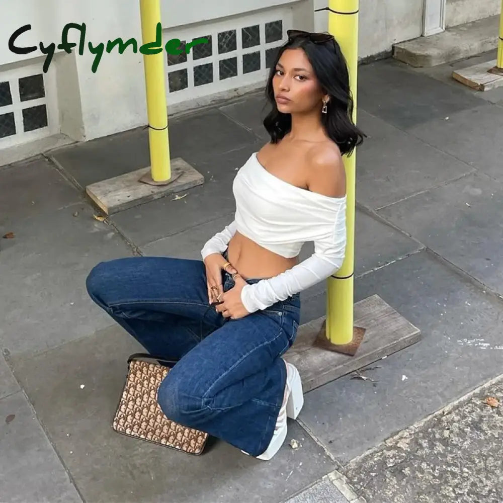 Cyflymder Chic Women Sexy Off Shoulder T-Shirt Spring Long Sleeve Slim Fit Crop Top Y2K Vintage