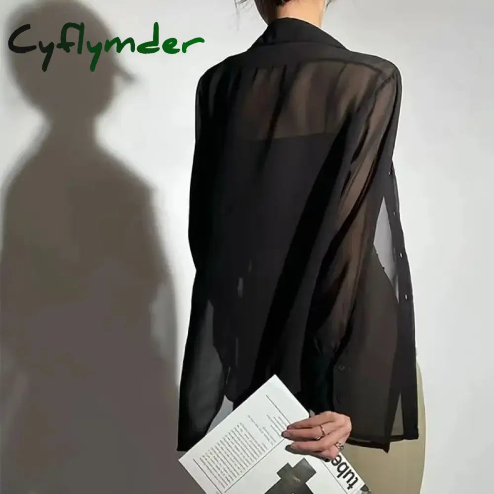 Cyflymder Chiffon Blouse For Women 2024 Summer Sheer Mesh Long Sleeve Sun Protection Shirts Korean