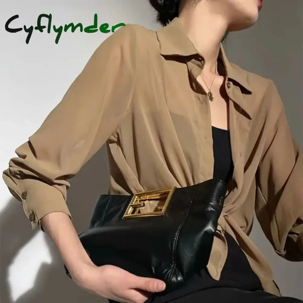 Cyflymder Chiffon Blouse For Women 2024 Summer Sheer Mesh Long Sleeve Sun Protection Shirts Korean