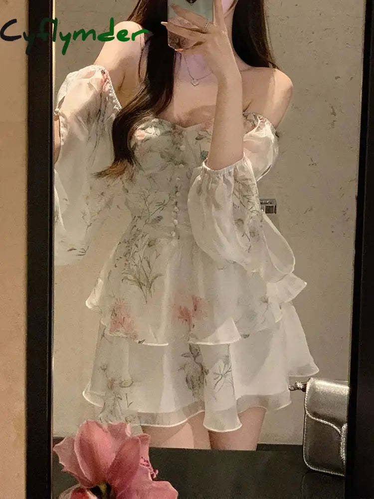 Cyflymder Chiffon Dress For Women Long Sleeve Party French Style Fairycore Floral Ruffles Square