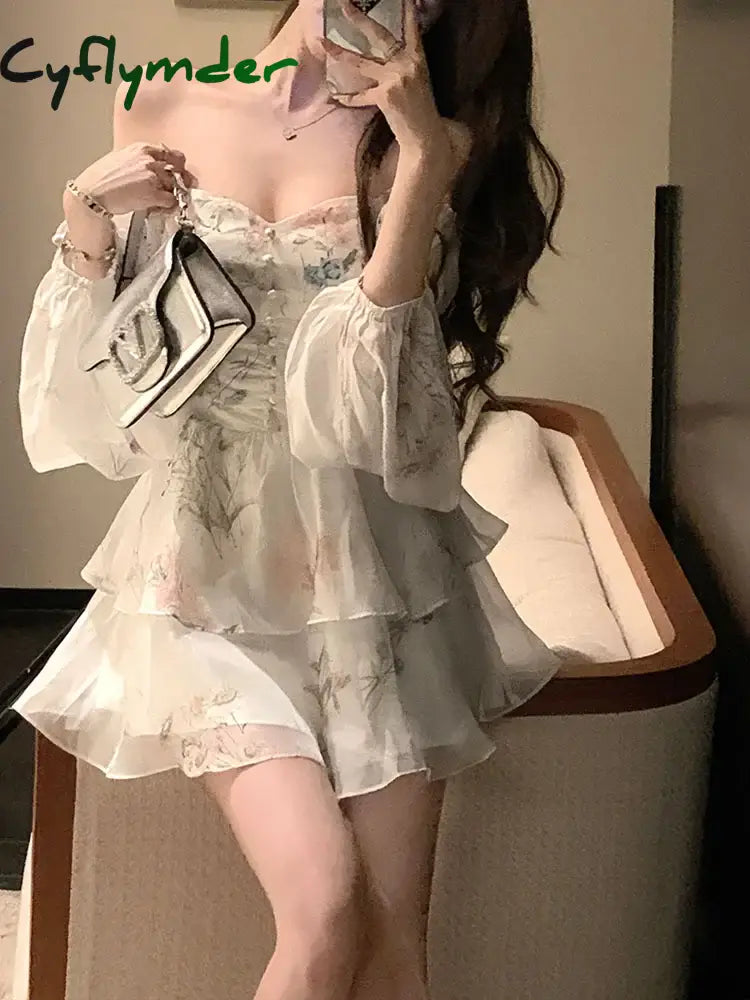 Cyflymder Chiffon Dress For Women Long Sleeve Party French Style Fairycore Floral Ruffles Square